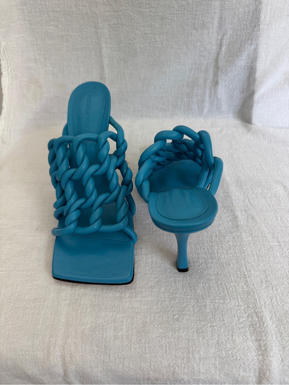 Bottega Veneta Turquoise Braided Leather Knot Mules